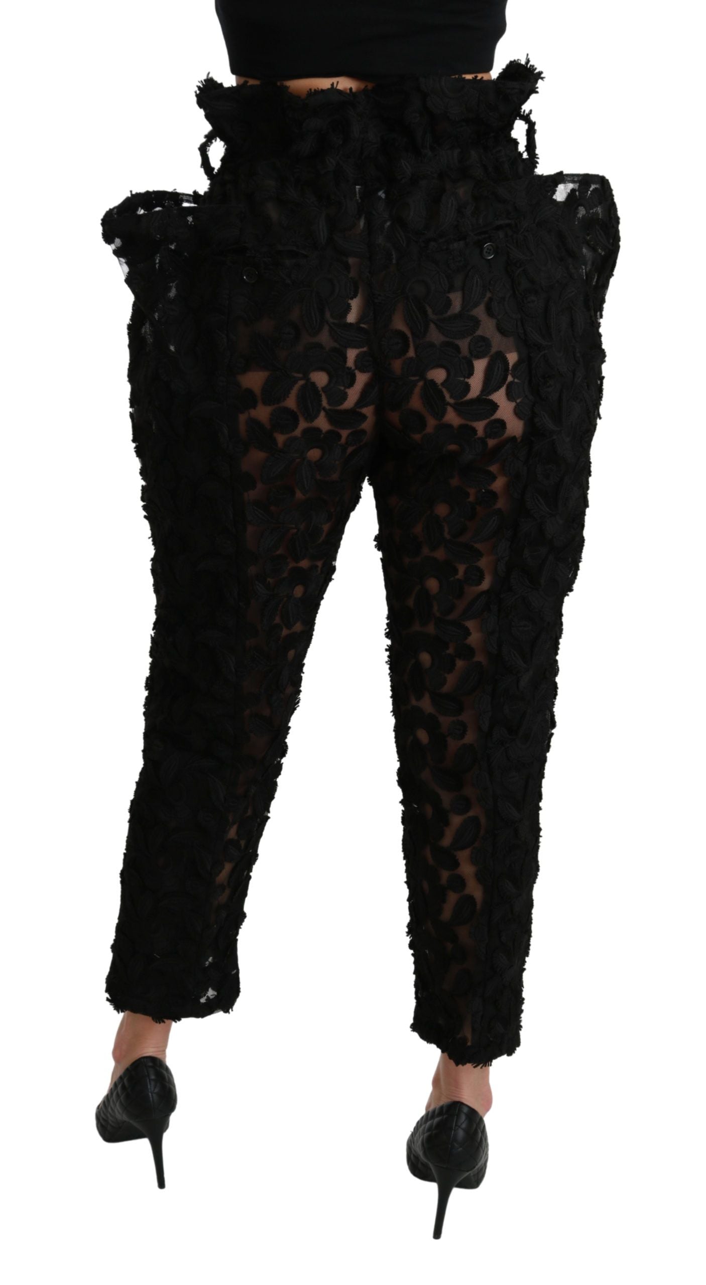 Pantalons noirs en dentelle florale Dolce & Gabbana à taille haute fuselée, élégants et sophistiqués.