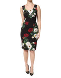 Robe sans manches Dolce & Gabbana à imprimé floral noir, coupe ajustée, tissu élégant, portée sur un mannequin.