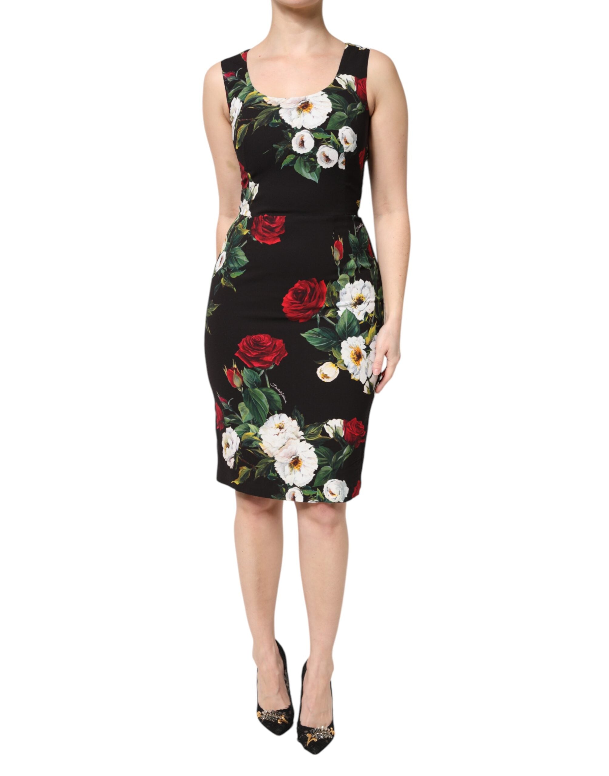 Robe sirène sans manches Dolce & Gabbana à imprimé floral noir, élégante et ajustée, vue de face sur mannequin.