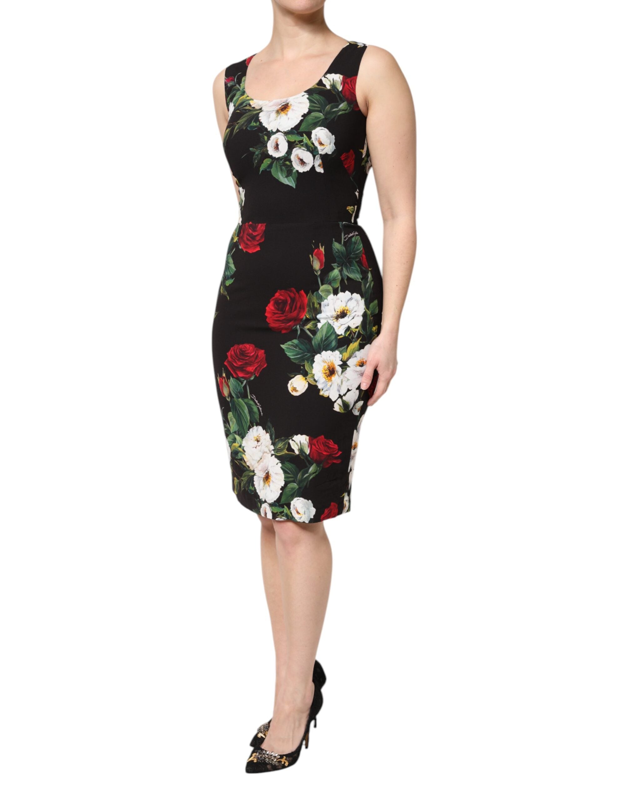 Robe sans manches Dolce & Gabbana à imprimé floral noir, coupe ajustée et élégante, vue de face sur fond blanc.