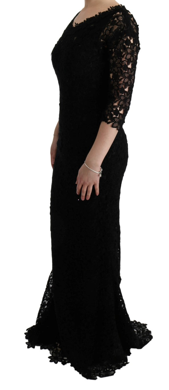 Robe longue noire Dolce & Gabbana à fleurs en broderie, coupe ajustée, élégante et sophistiquée.