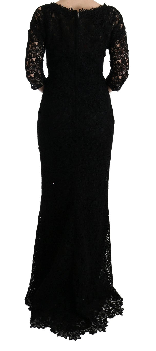 Robe longue noire à fleurs en ricamo de Dolce & Gabbana, robe fourreau élégante avec détails floraux sophistiqués.