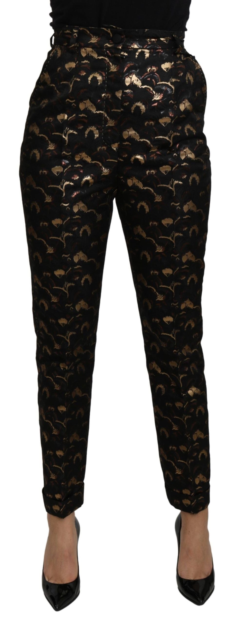 Pantalon noir et or à taille haute Dolce & Gabbana en brocart élégant, avec détails sophistiqués et coupe flatteuse.
