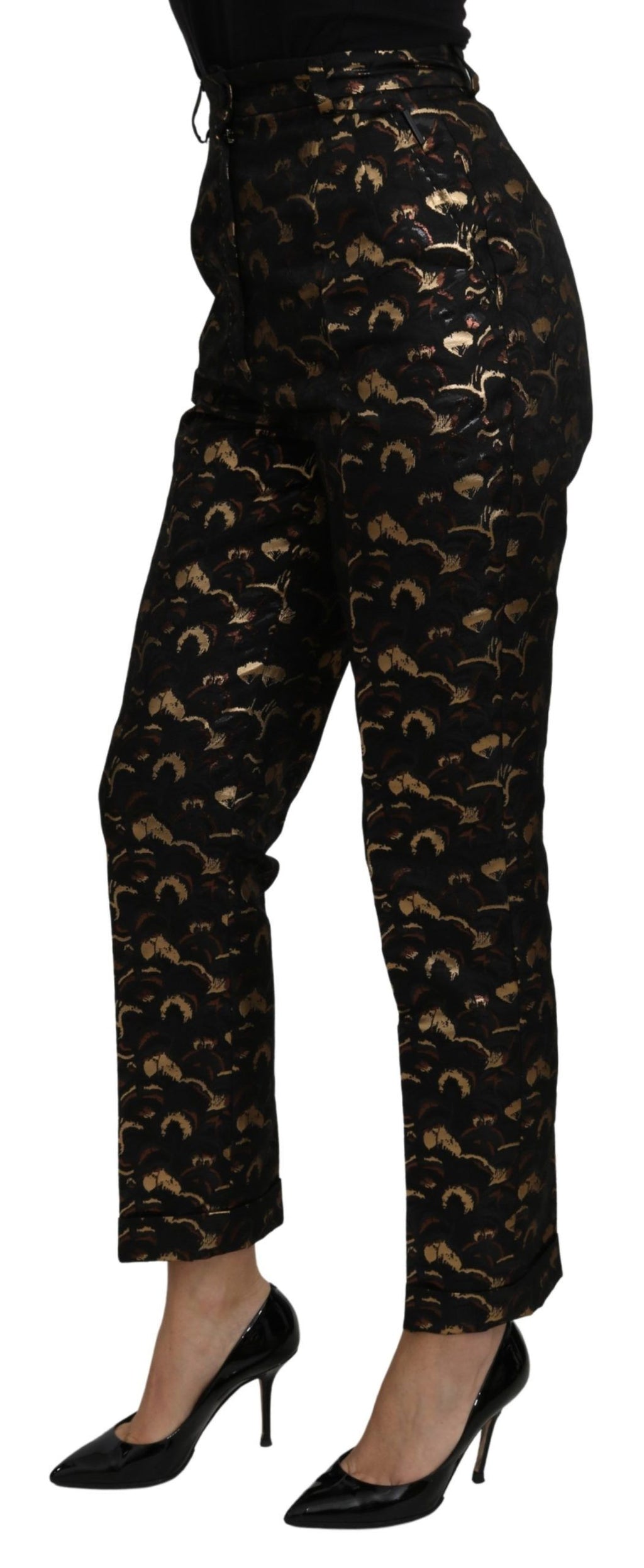 Pantalons Dolce & Gabbana en brocart noir et or à taille haute, élégants et sophistiqués, visibles en détail.