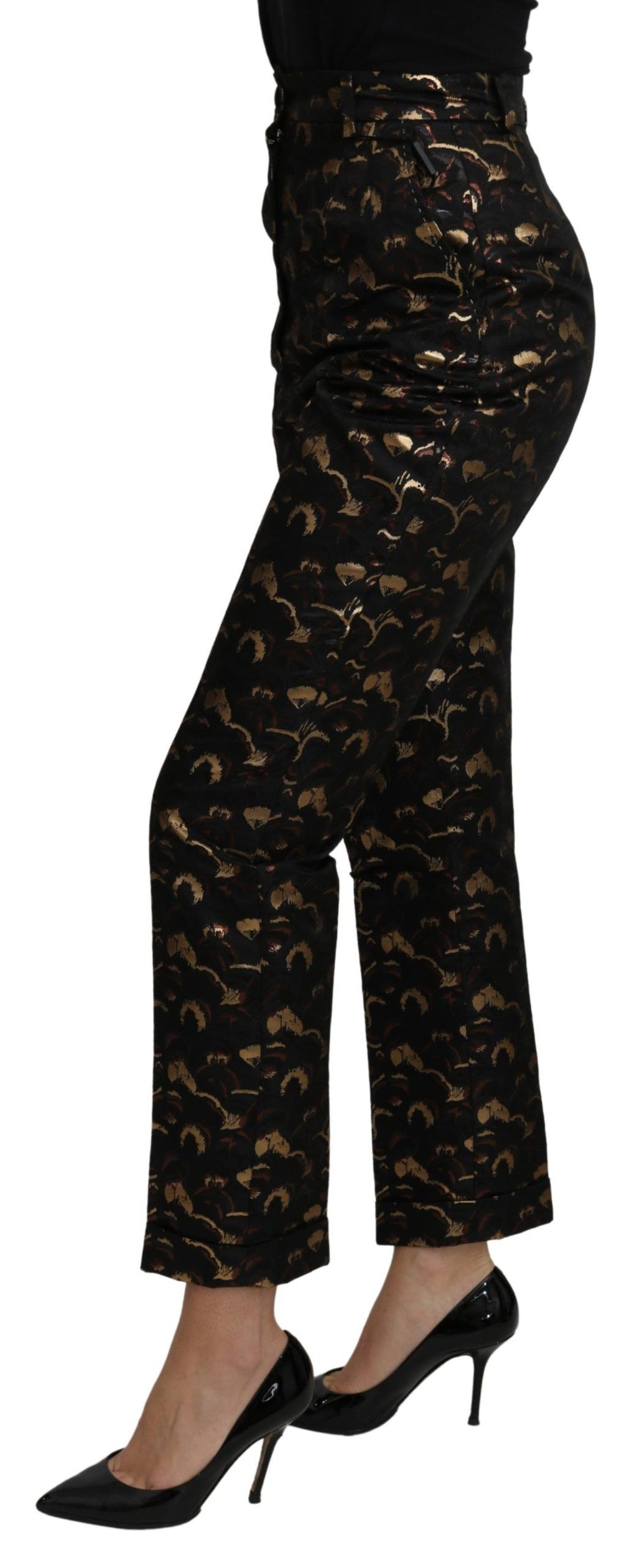Pantalons taille haute Dolce & Gabbana en brocart noir et or avec motif élégant, vue de face.