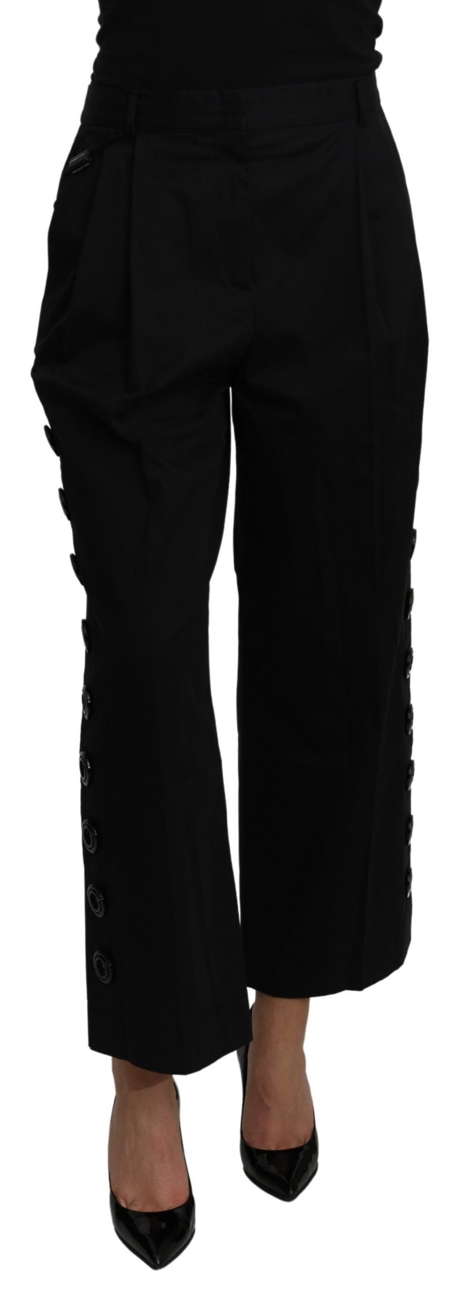 Pantalon noir Dolce & Gabbana à taille haute, coupe cropped en coton stretch, pantalon élégant pour femme.