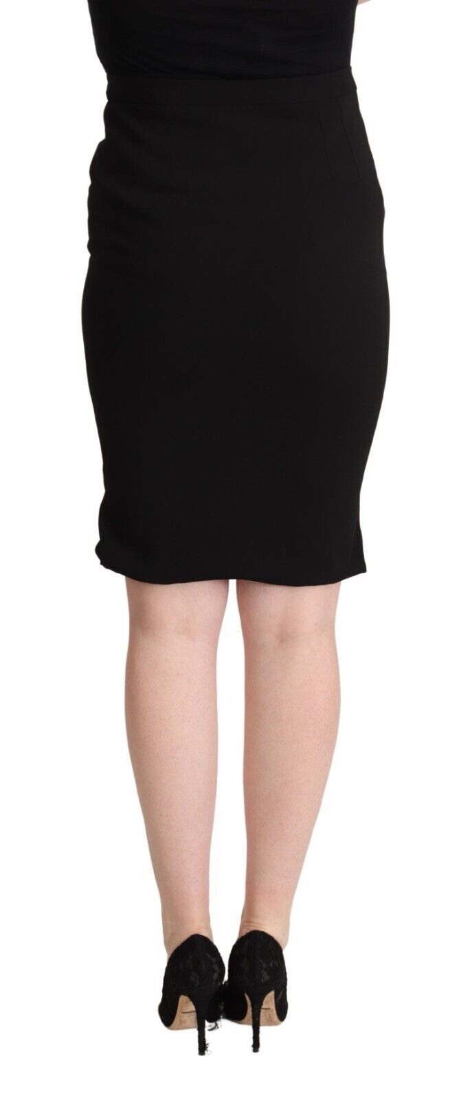 Jupe noire à taille haute, coupe crayon, longueur au genou, de la marque Dolce & Gabbana, vue de face.