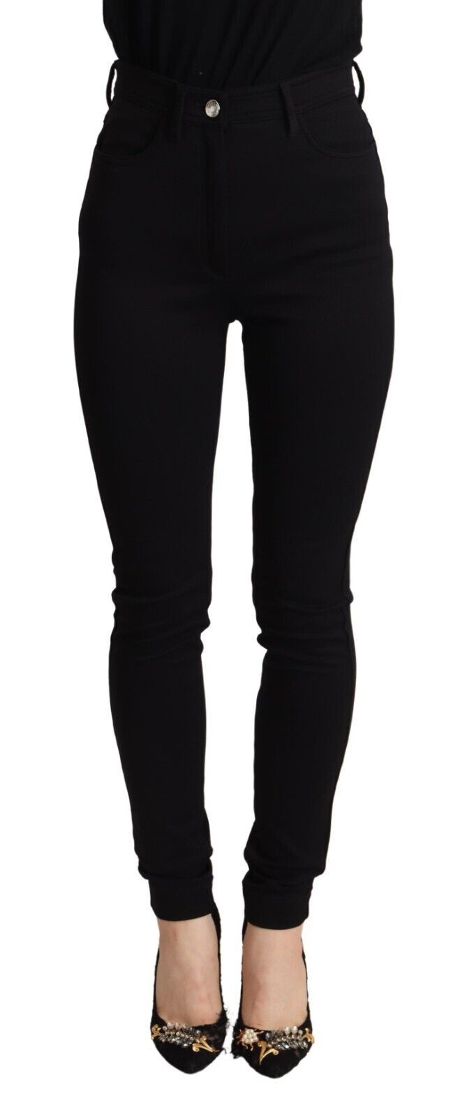 Pantalon noir taille haute skinny Dolce & Gabbana en tissu stretch, ajusté et élégant, visible sur fond neutre.