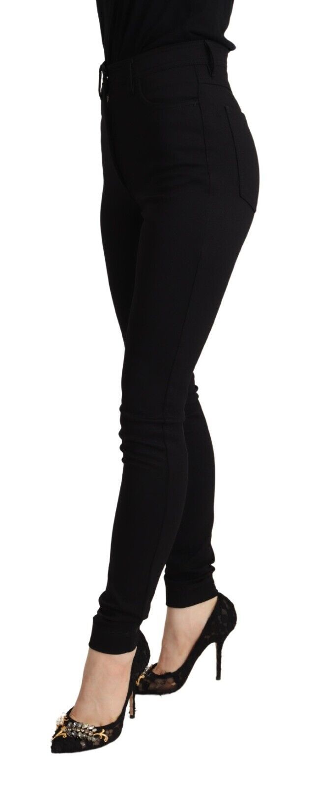 Pantalon noir taille haute Dolce & Gabbana skinny slim fit, mode élégante et ajustée, visible en gros plan.