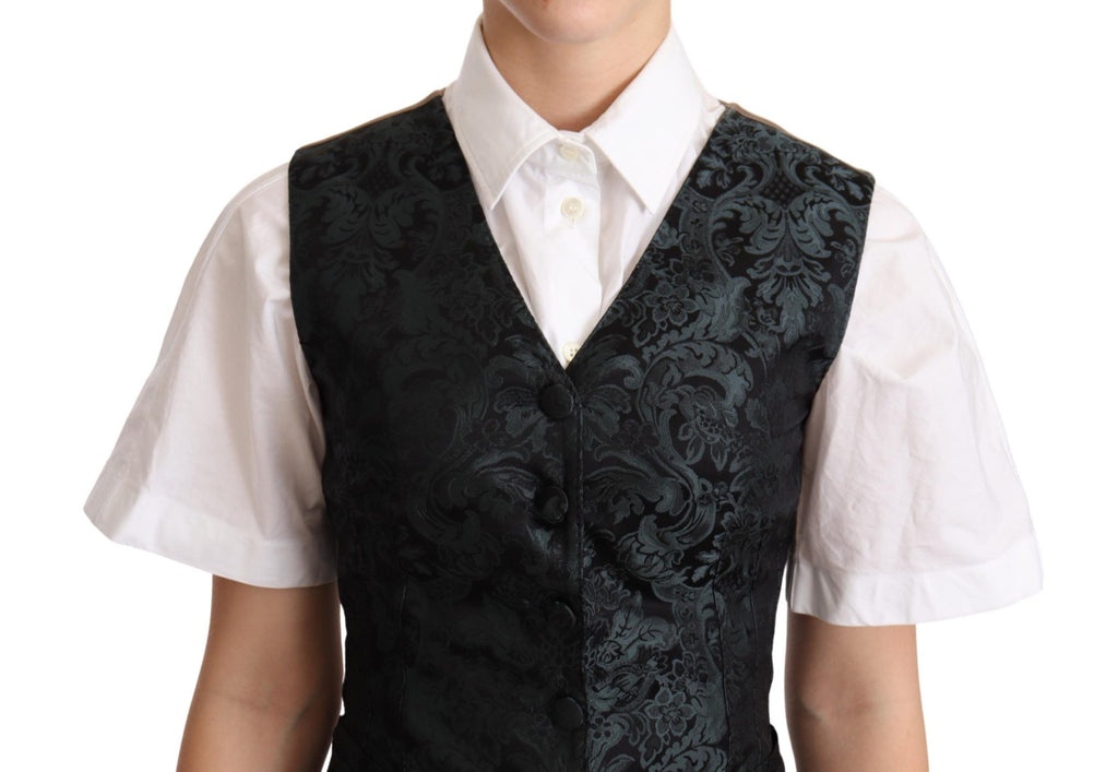 Gilet en jacquard noir à fleurs vertes de Dolce & Gabbana, veste élégante avec motifs floraux sophistiqués.