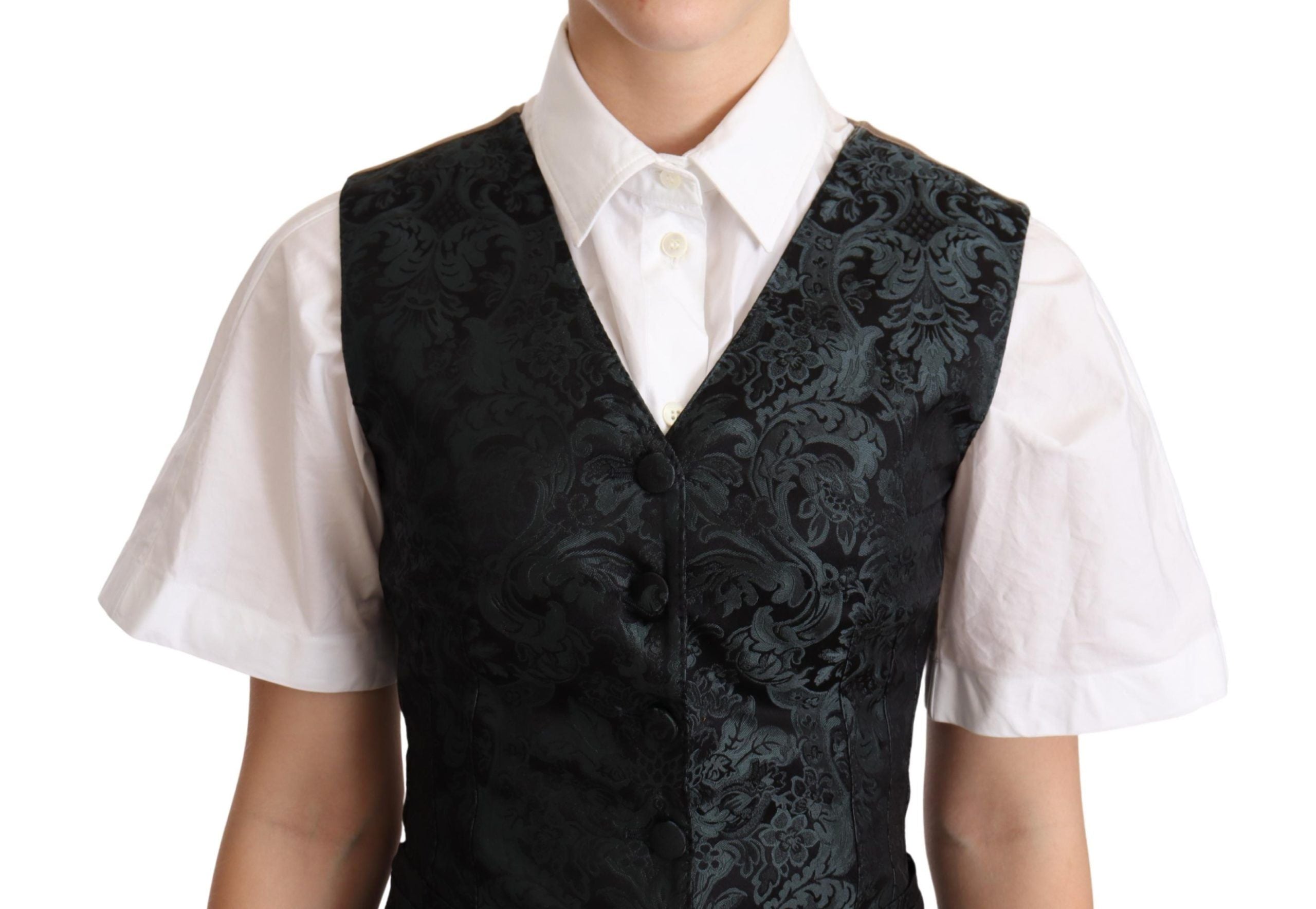 Gilet en jacquard noir à fleurs vertes de Dolce & Gabbana, veste élégante avec motifs floraux sophistiqués.
