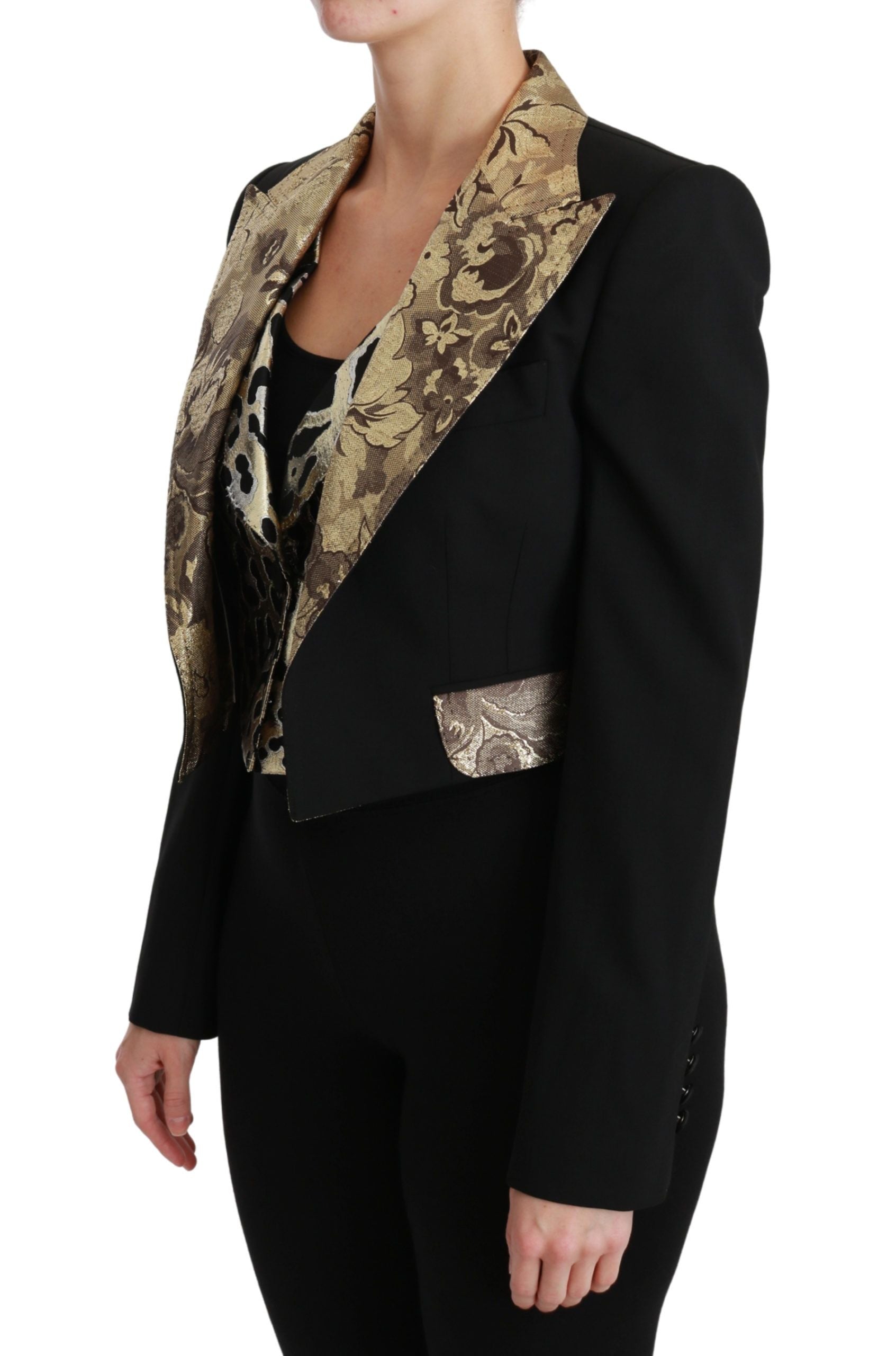 Gilet blazer Dolce & Gabbana en jacquard noir avec manches longues et col, veste élégante en laine pour homme.