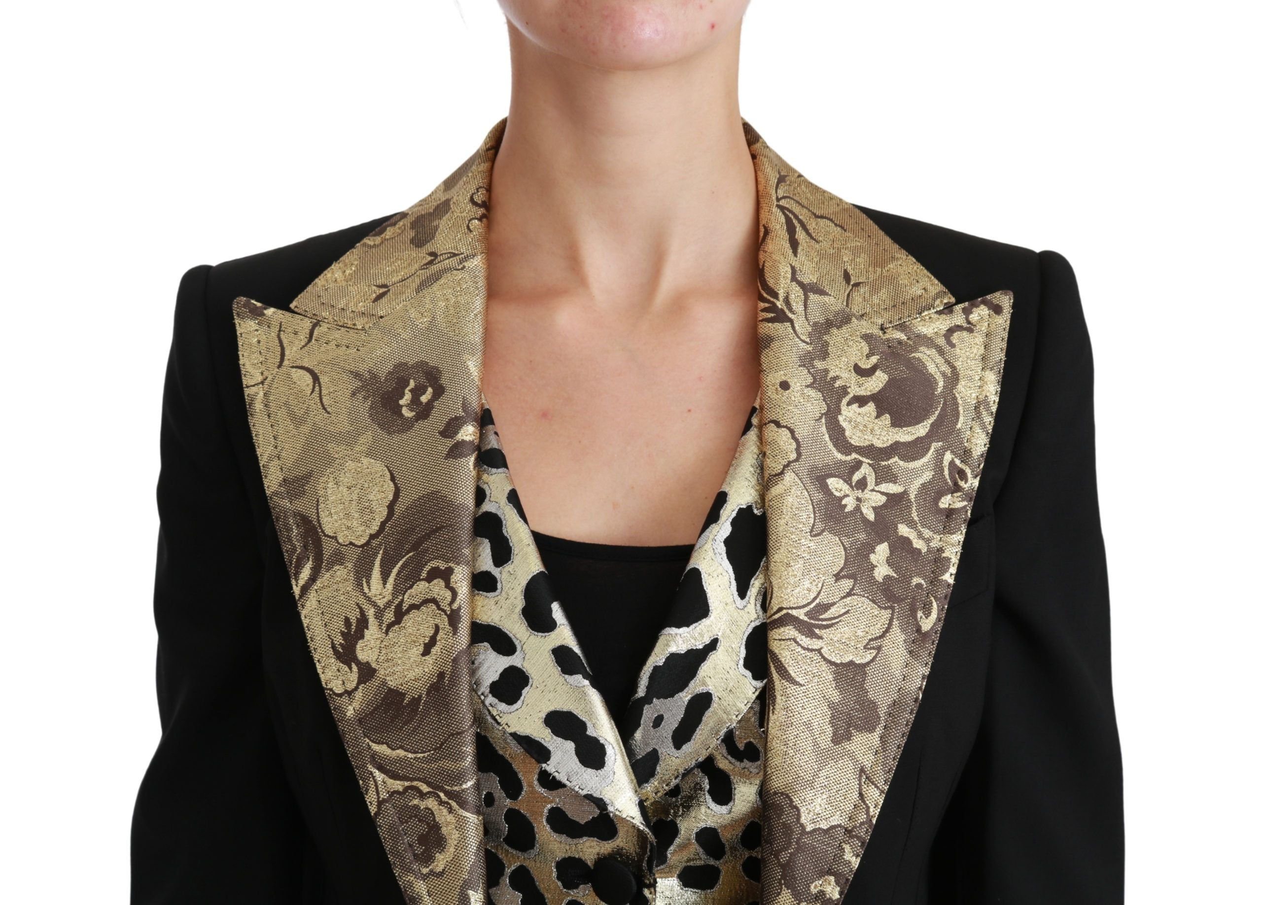 Gilet blazer en jacquard noir Dolce & Gabbana, veste en laine élégante avec détails sophistiqués.