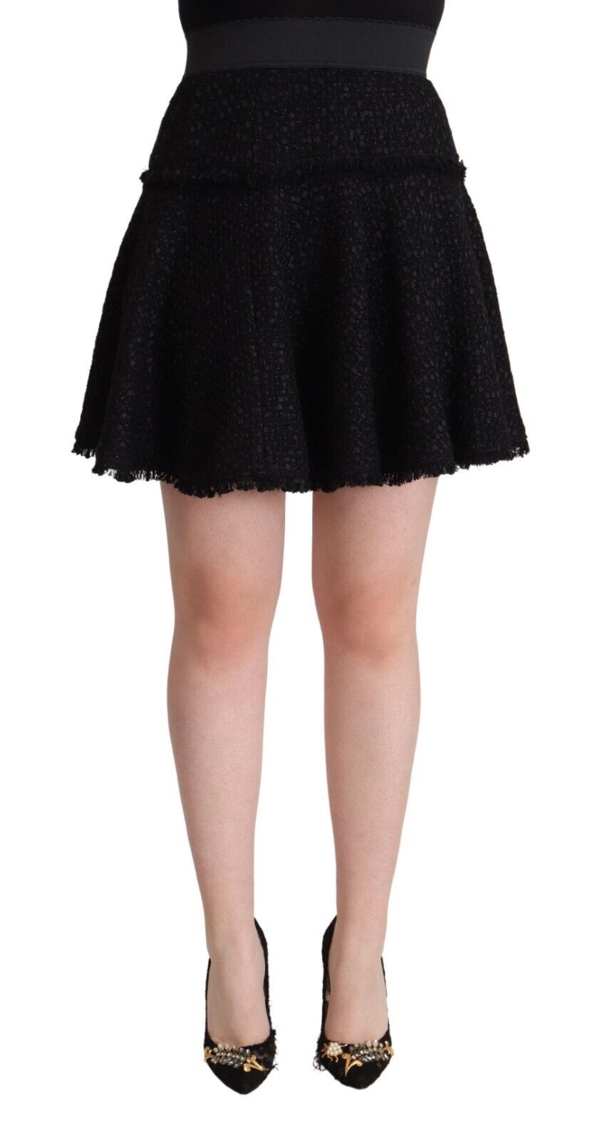 Jupe courte en nylon tricoté noir de Dolce & Gabbana, taille haute, coupe A-line, pour femme.