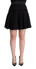 Jupe courte en nylon tricoté noir de Dolce & Gabbana, taille haute, coupe A-line, pour femme.