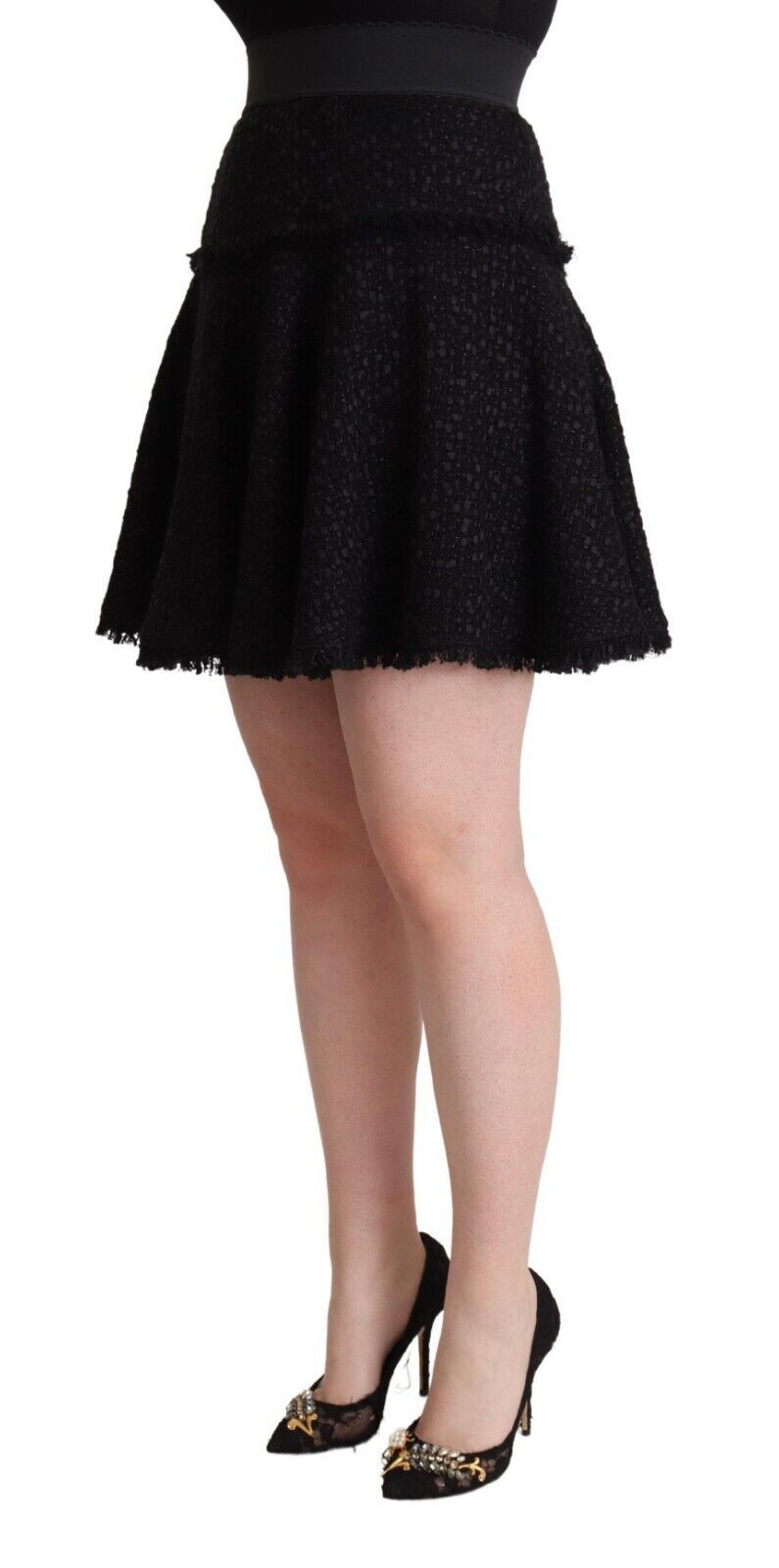 Jupe courte noire en nylon tricoté Dolce & Gabbana, taille haute, coupe A-line, pour femme.