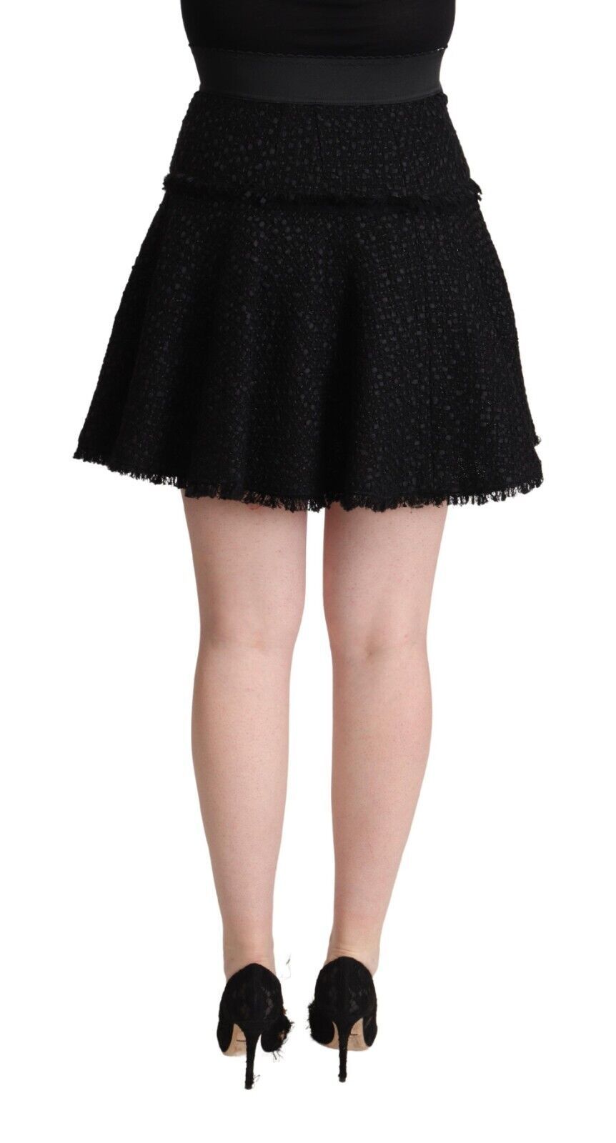 Jupe courte en nylon tricoté noir Dolce & Gabbana à taille haute et coupe A-line, visible en détail dans l'image.