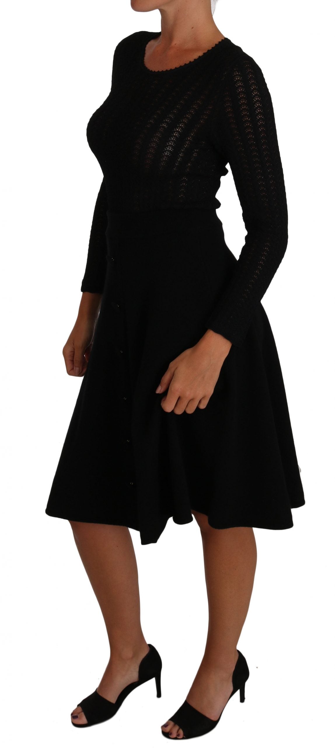 Robe longue en laine noire Dolce & Gabbana avec manches longues et coupe ajustée, extensible et élégante.