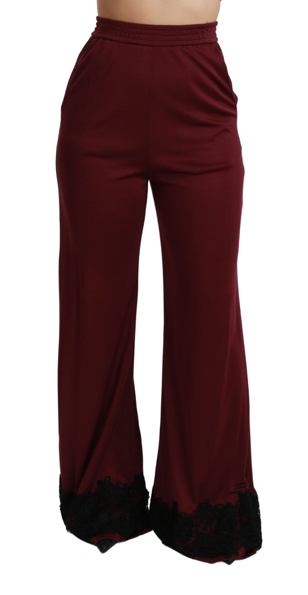 Pantalons Dolce & Gabbana en dentelle noire, taille haute, coupe large, couleur bordeaux, style élégant et sophistiqué.