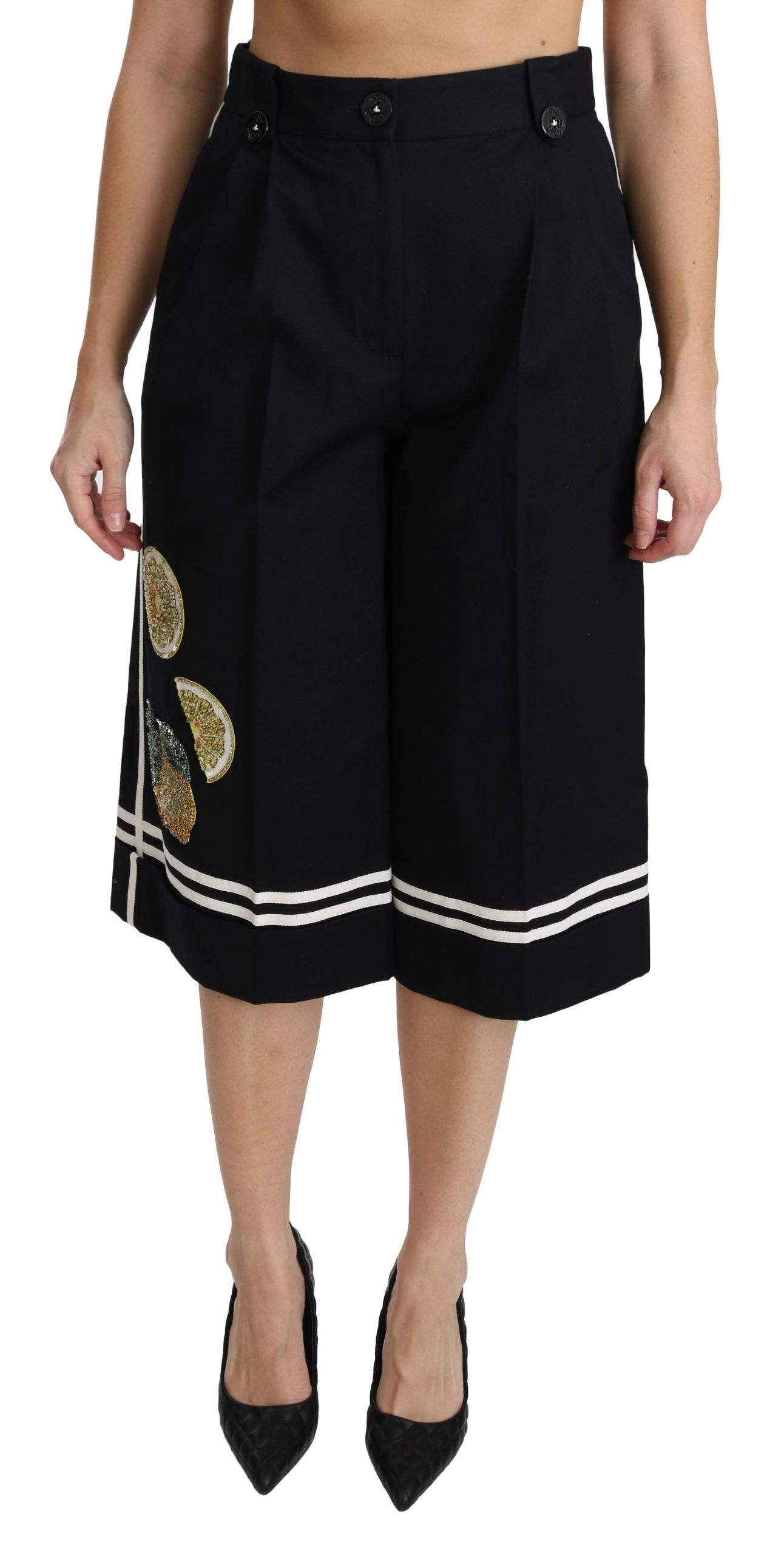 Pantalons palazzo coupés cropés noirs Dolce & Gabbana avec embellissements citron, style élégant et tendance.