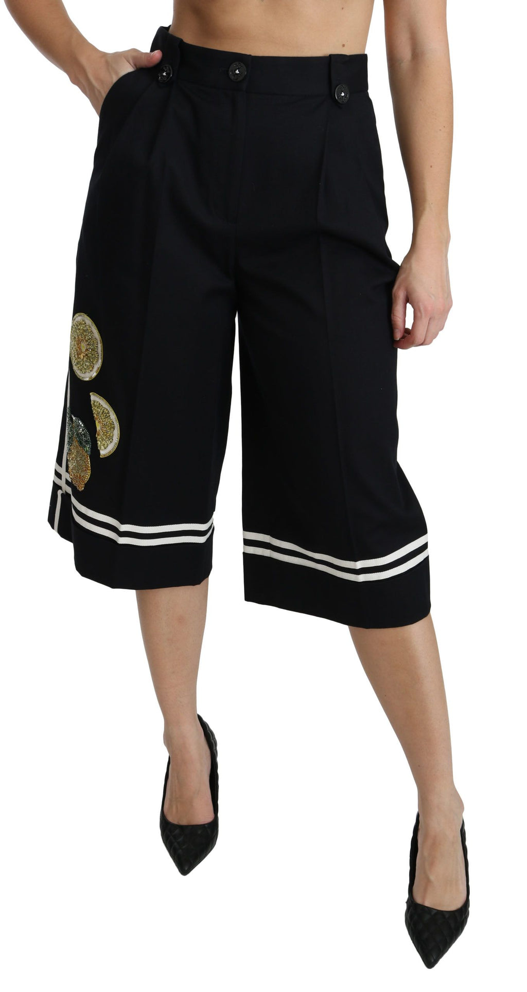 Pantalons palazzo cropped noirs Dolce & Gabbana avec embellissements citron brillants et détails élégants.