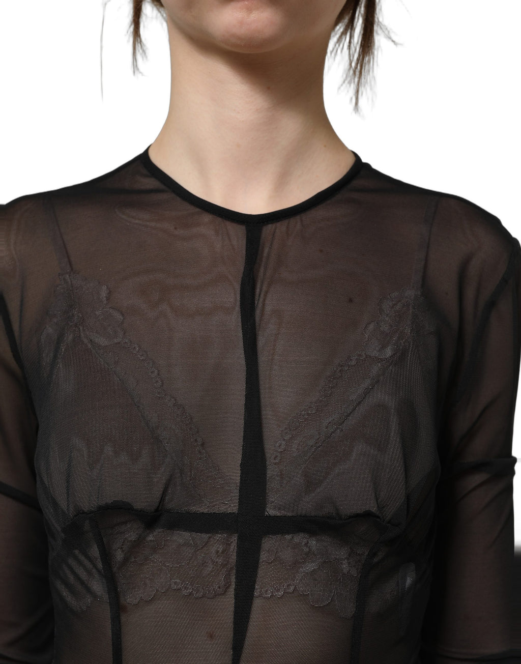 Robe longue noire Dolce & Gabbana en dentelle transparente, ajustée, à manches longues et style maxi élégante.