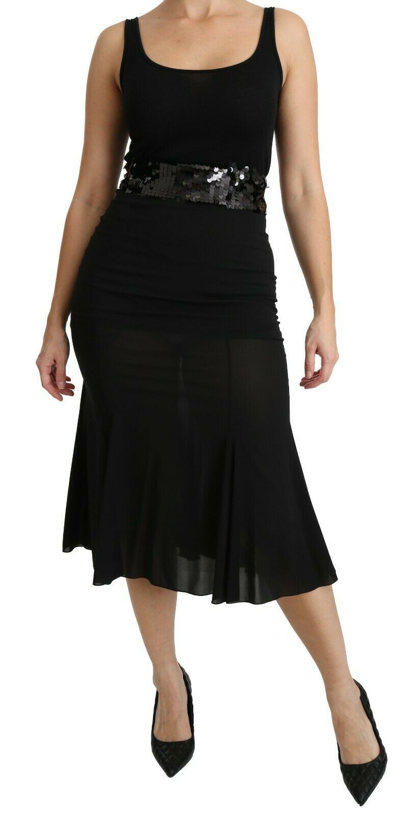 Jupe mi-longue en soie noire Dolce & Gabbana, sirène à taille haute, style élégant et féminin.