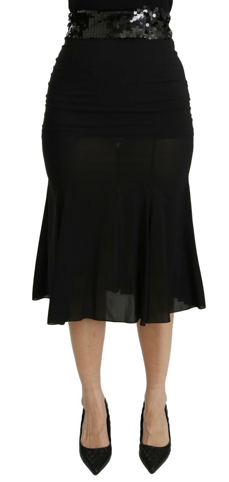 Jupe midi en soie noire à coupe sirène à taille haute de Dolce & Gabbana, élégante et fluide, visible en image.