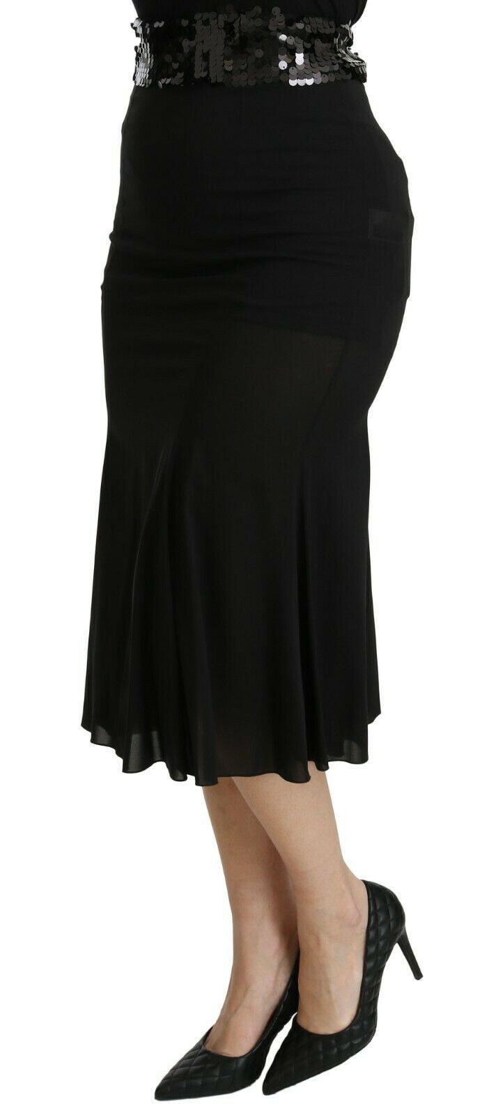 Jupe midi en soie noire à taille haute sirène Dolce & Gabbana, style élégant et glamour, visible en détail.