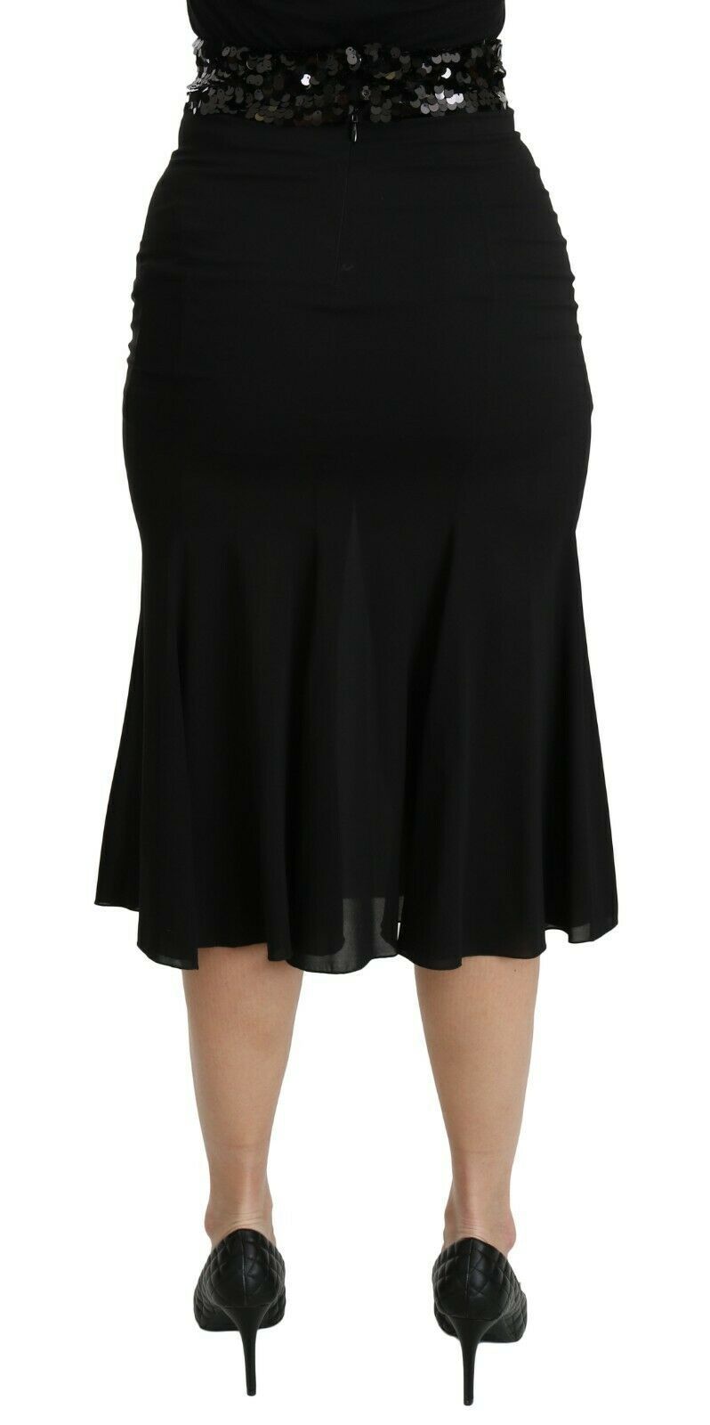 Jupe midi en soie noire sirène à taille haute de Dolce & Gabbana, élégante et moulante, visible en détail dans l’image.