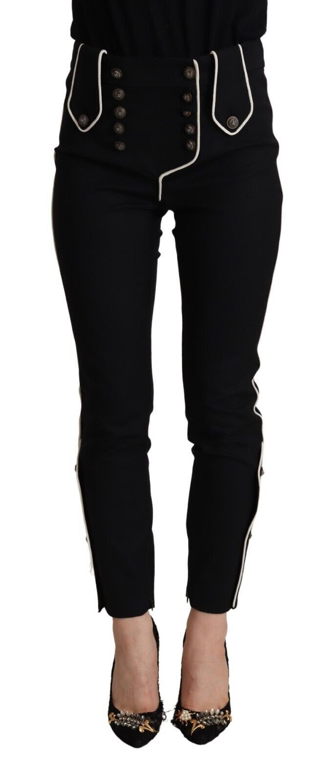 Pantalons slim noir Dolce & Gabbana à taille moyenne, boutons décoratifs et finition élégante.