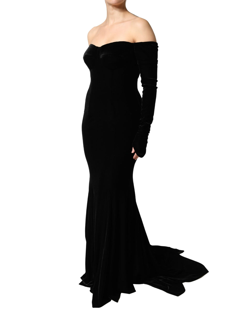 Robe longue noire Dolce & Gabbana, moulante et décolletée épaules, style bodycon, élégante et sophistiquée.