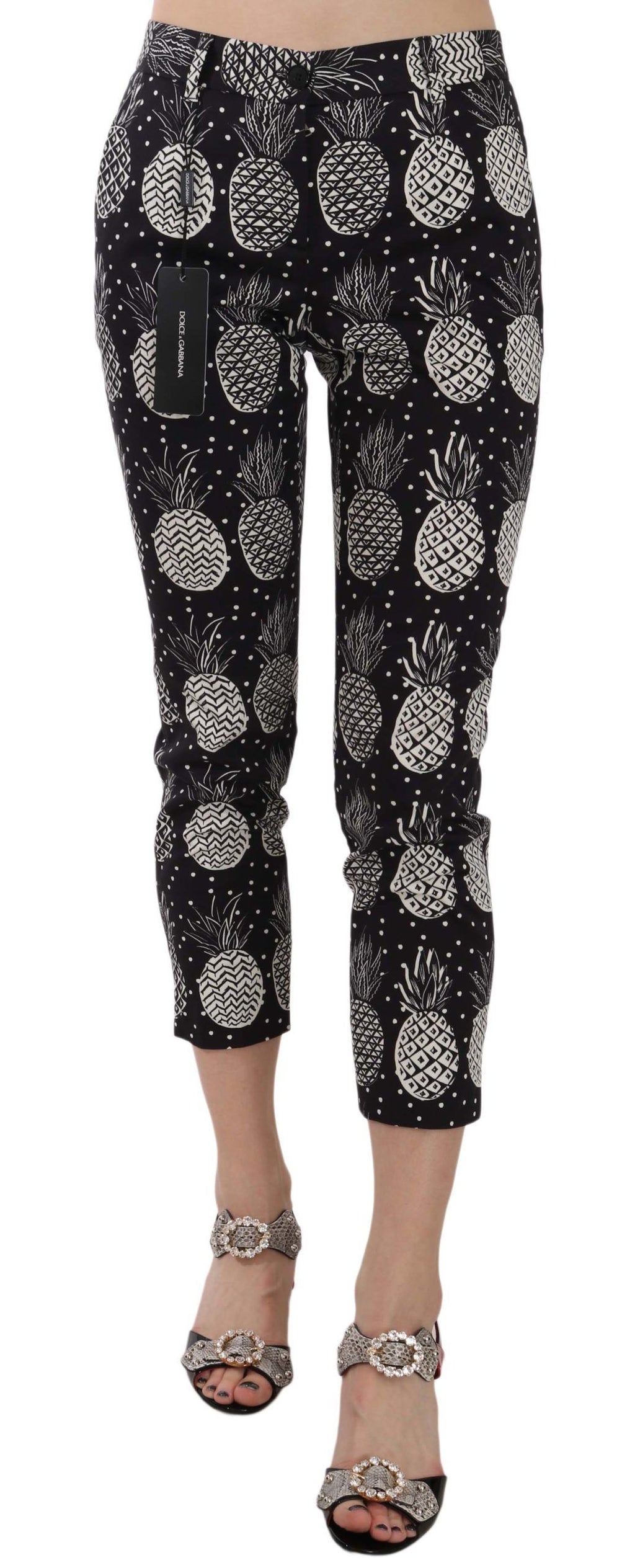 Pantalons capri skinny Dolce & Gabbana en tissu noir avec imprimé ananas, coupe ajustée et style tendance.