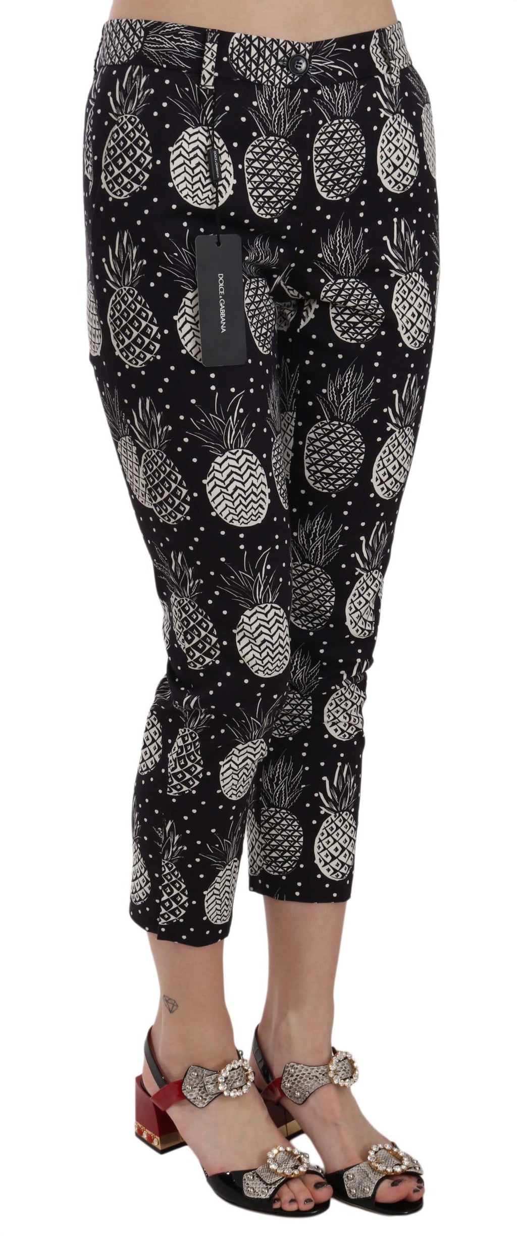 Pantalons Capri skinny noirs Dolce & Gabbana avec motif ananas, design élégant et ajusté, en tissu léger.