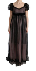 Robe longue Dolce & Gabbana en soie noire et rose, style shift, avec détails élégants et coupe fluide.