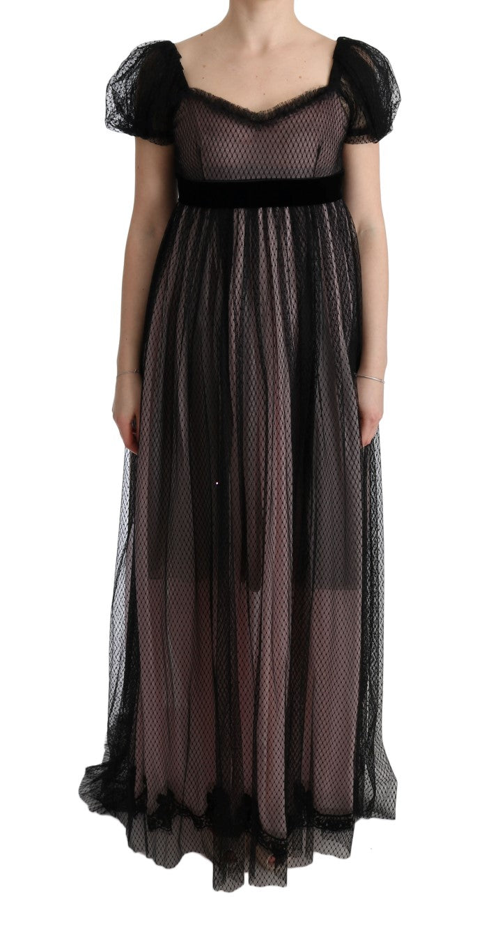 Robe longue Dolce & Gabbana en soie noire et rose, style shift, avec détails élégants et coupe fluide.