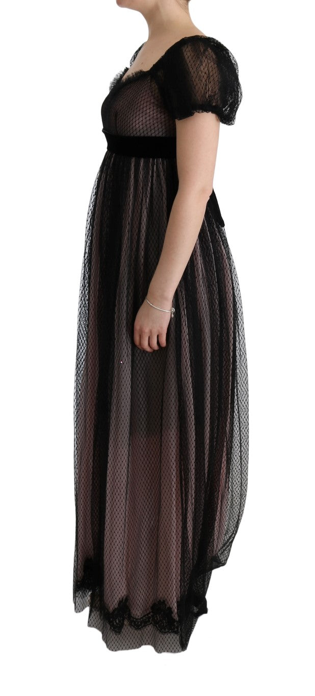 Robe longue en soie noire et rose Dolce & Gabbana, élégante robe de jour fluide avec décolleté subtil et manches longues.