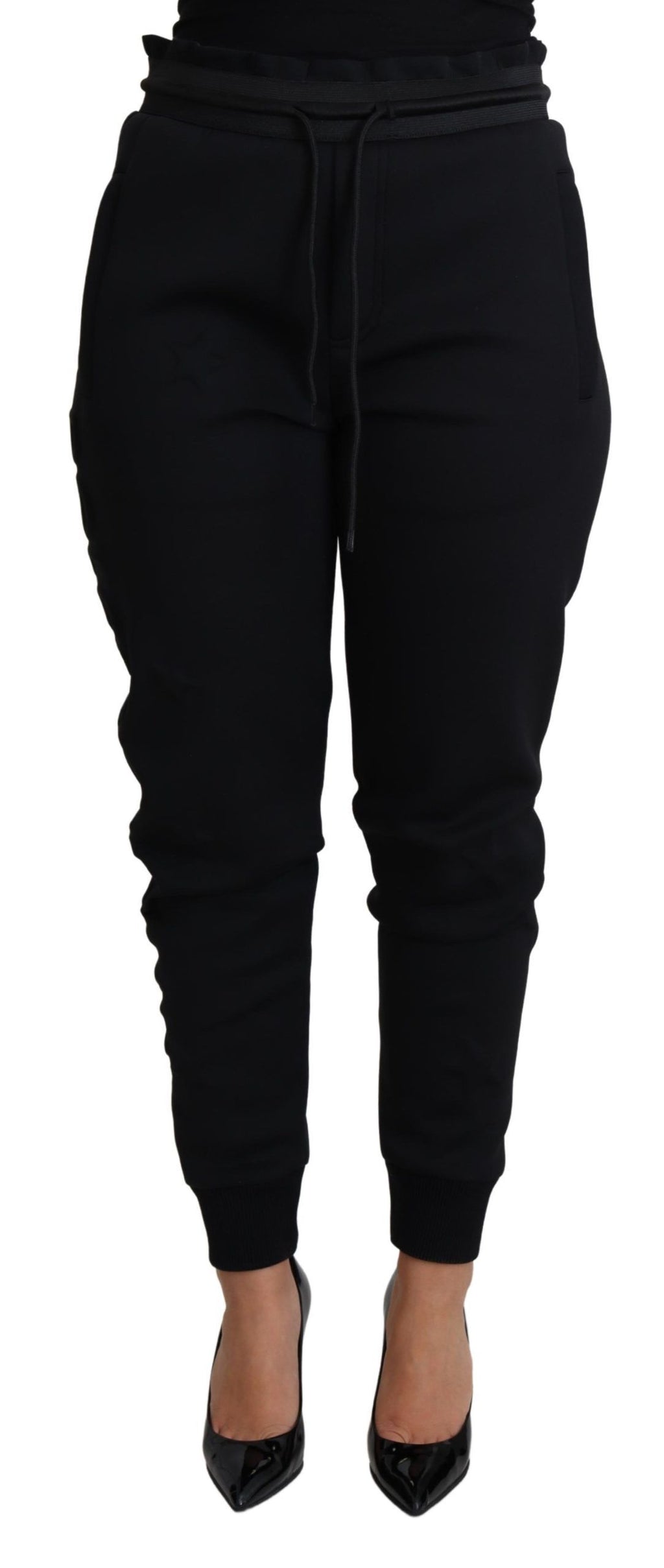 Pantalon jogger en néoprène polyester noir Dolce & Gabbana, style décontracté avec ceinture élastique et poches latérales.