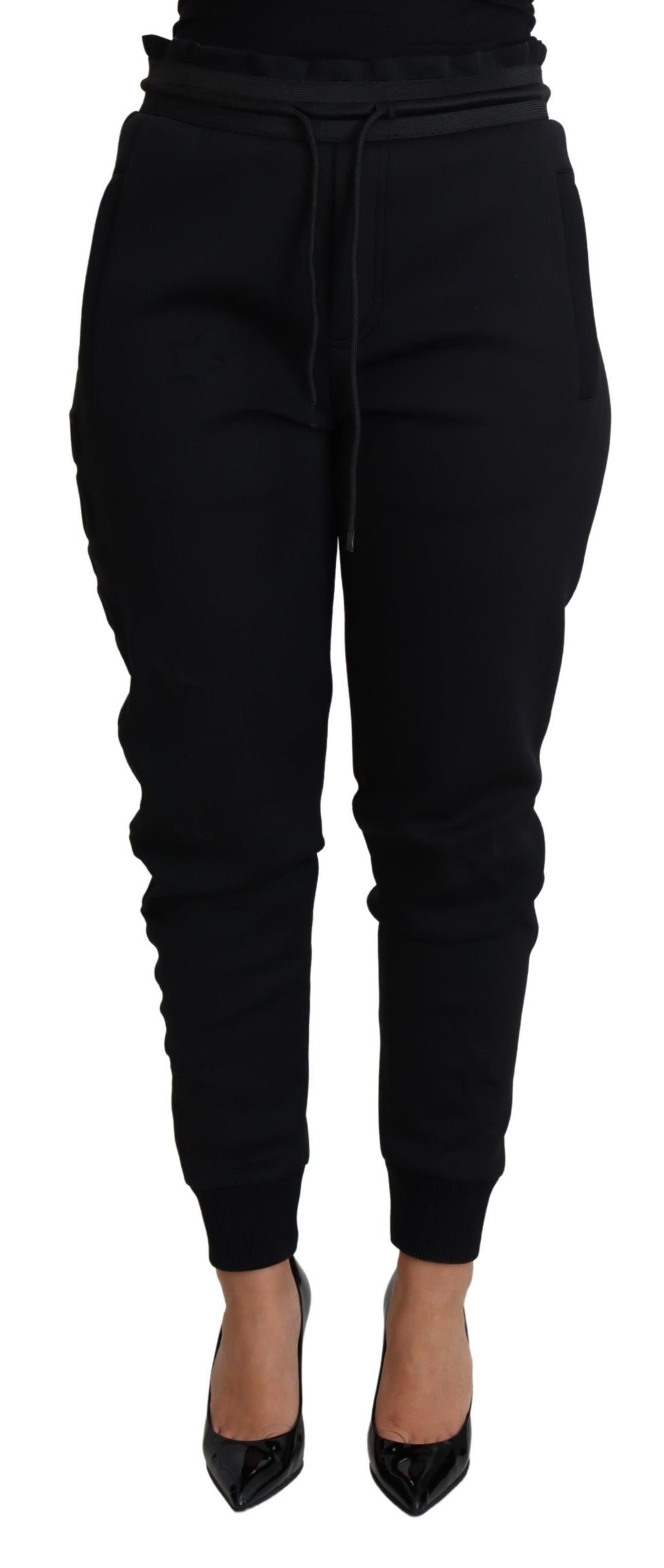 Pantalon jogger en néoprène polyester noir Dolce & Gabbana, style décontracté avec ceinture élastique et poches latérales.