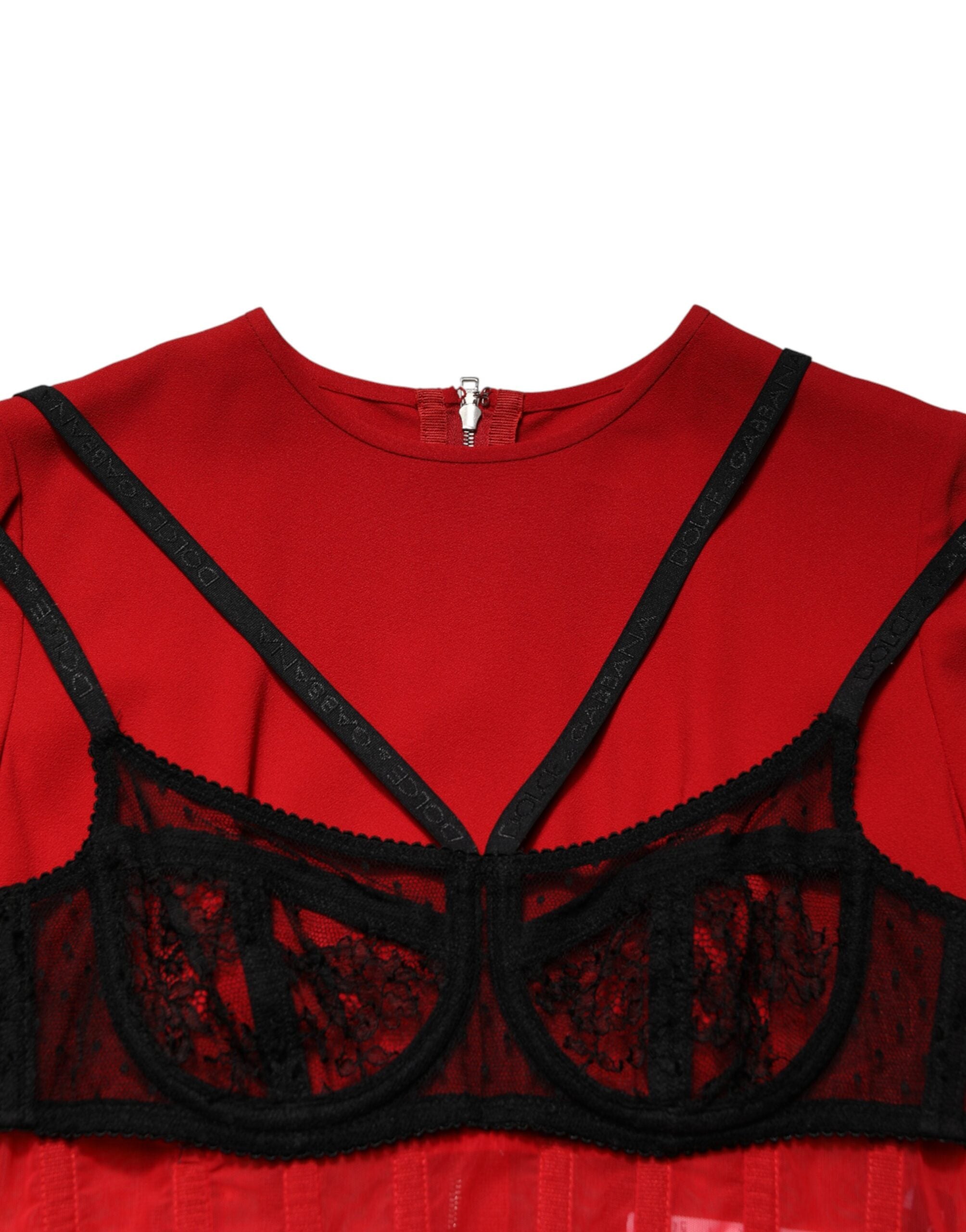 Robe midi noire et rouge Dolce & Gabbana en coton avec contraste, ajustée et élégante, vue de face.