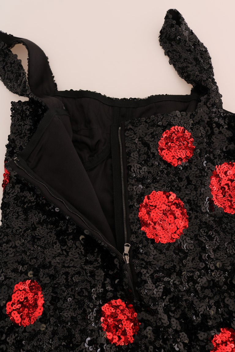 Robe droite noire rouge à pois avec sequins Dolce & Gabbana, élégante robe de soirée à motifs brillants.