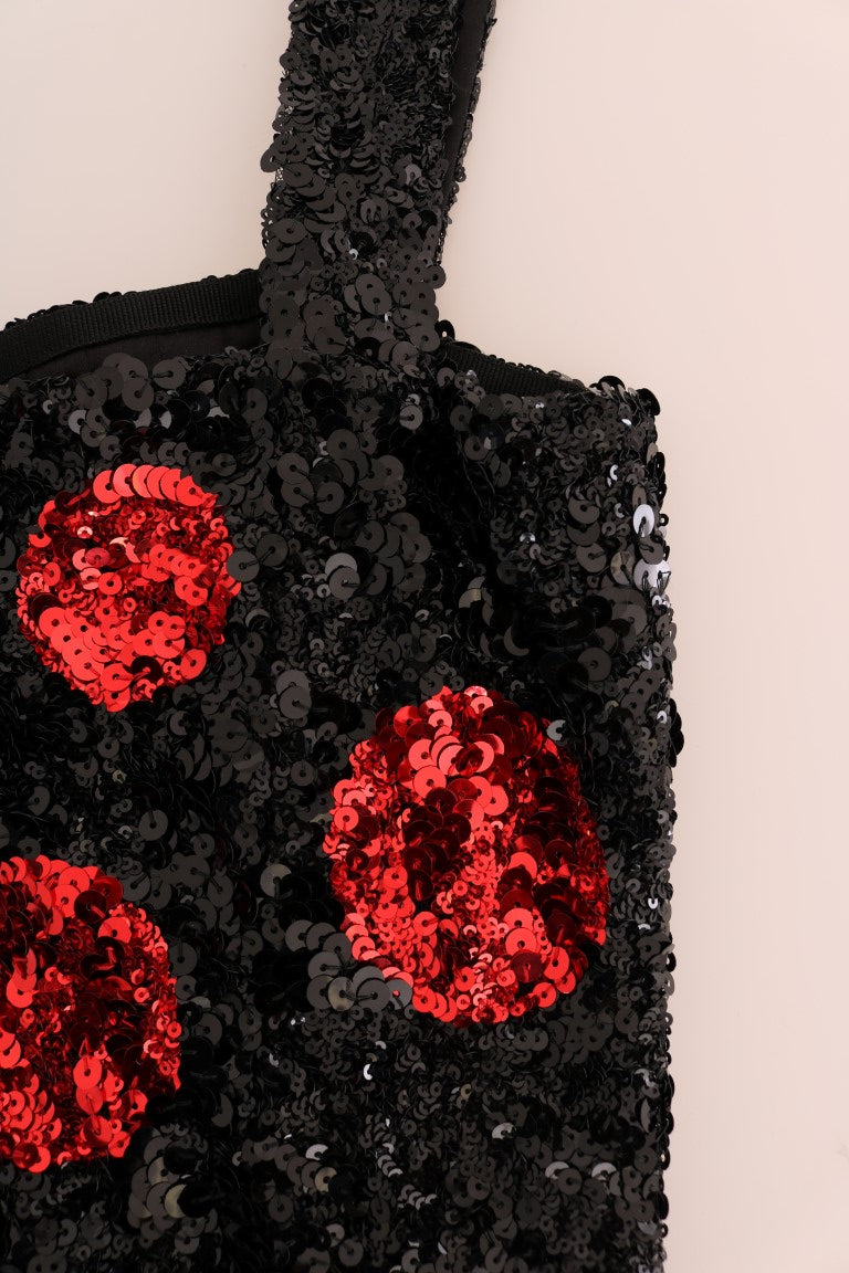 Robe droite Dolce & Gabbana noire et rouge à pois avec sequins, style chic et élégant, vue de face.