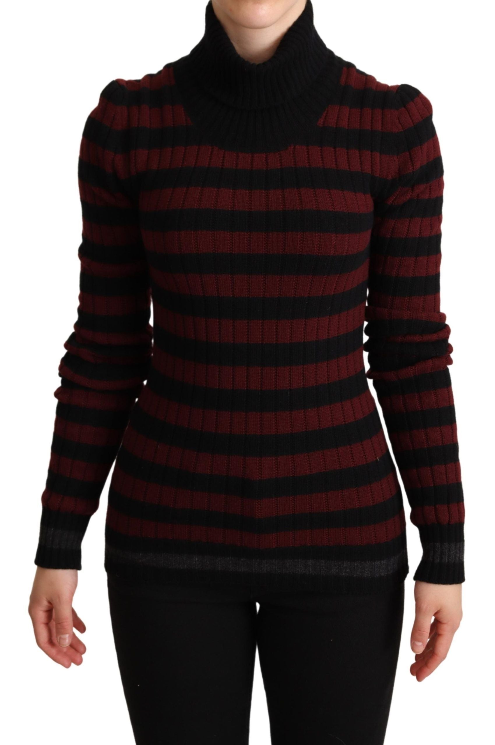 Pull en laine noir et rouge à rayures de Dolce & Gabbana, style élégant avec col rond et motifs classiques.