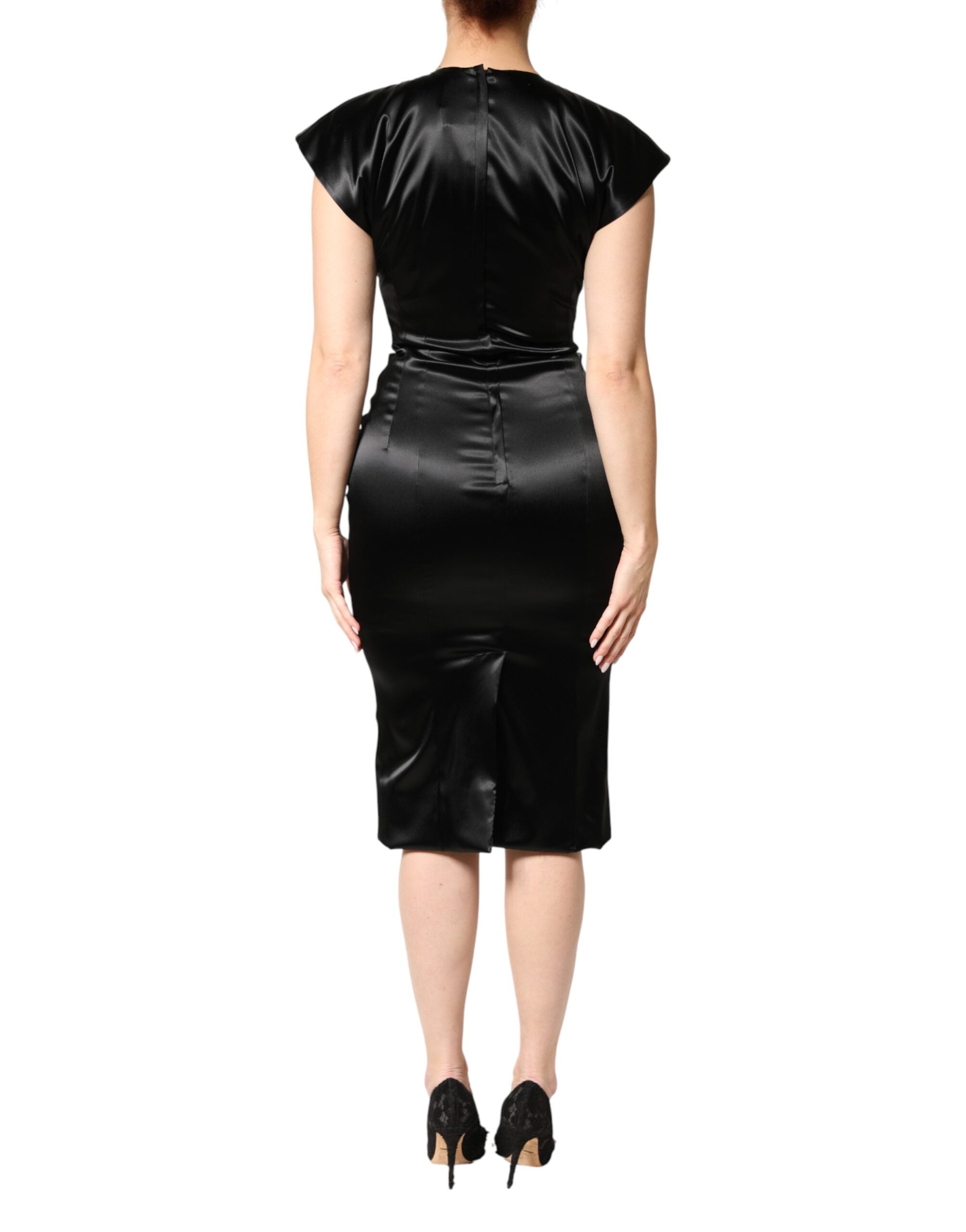 Robe droite en satin noir Dolce & Gabbana, midi, à manches cap, robe élégante pour femme.