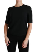 Haut court noir à manches courtes Dolce & Gabbana, blouse décontractée en tissu extensible, style élégant et moderne.