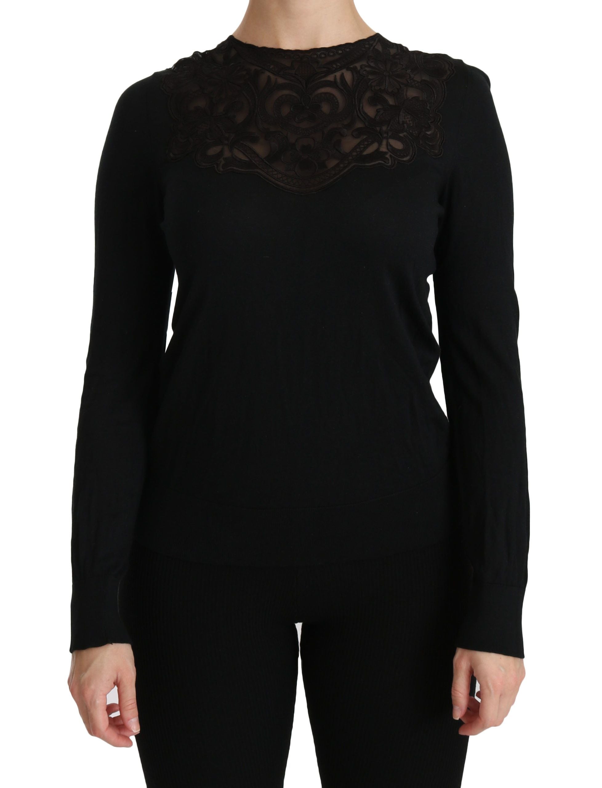 Blouse noir en soie et dentelle à manches longues et col rond de Dolce & Gabbana, élégance sophistiquée.