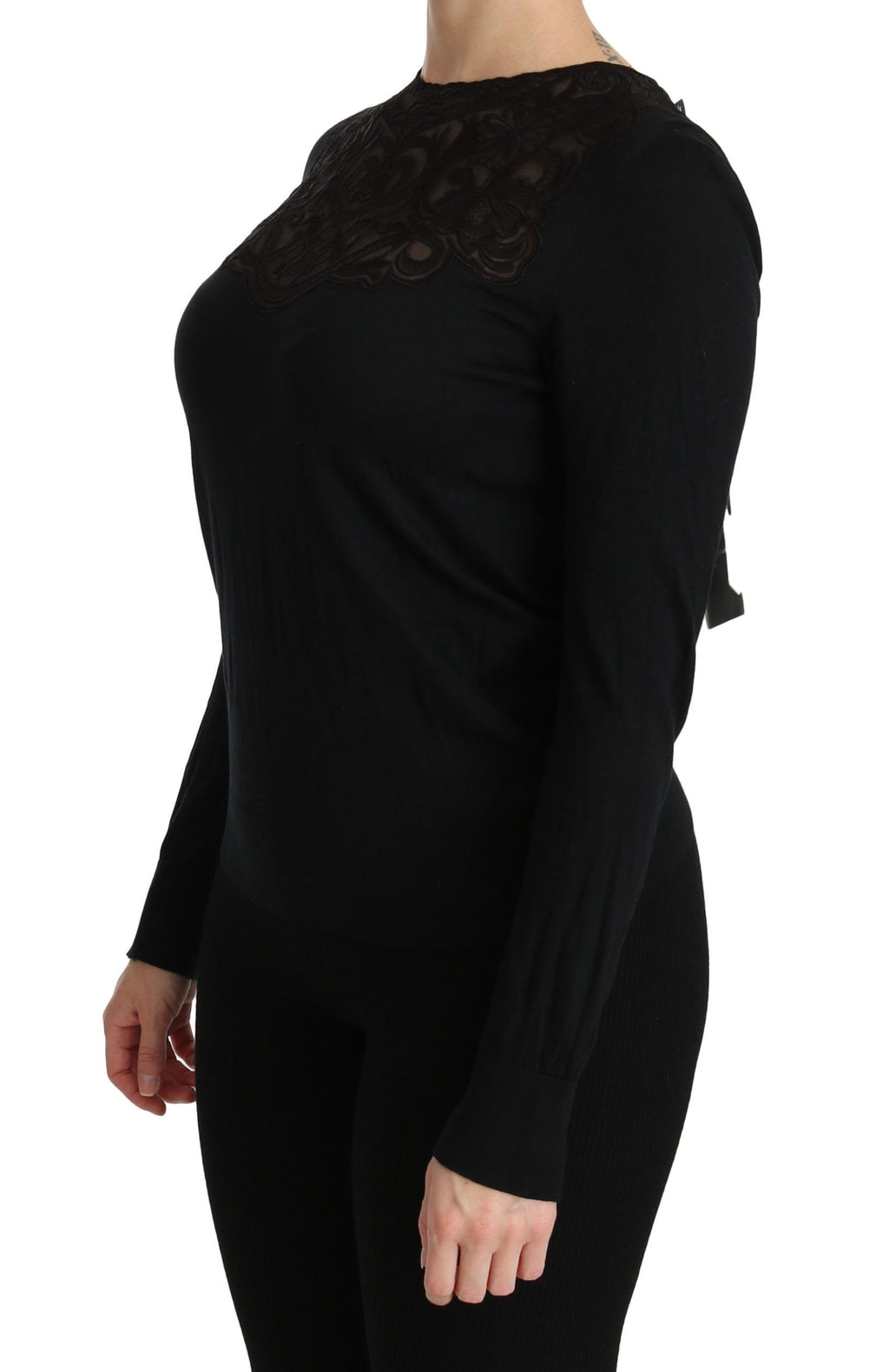 Chemisier en soie noire Dolce & Gabbana avec dentelle, col rond et manches longues, élégance sophistiquée pour femme.