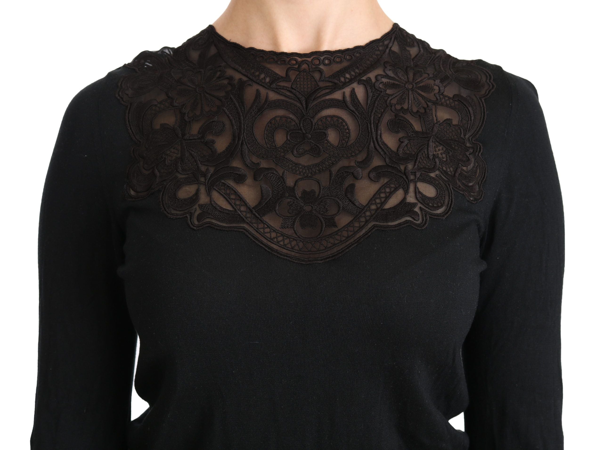 Chemise noire en soie et dentelle Dolce & Gabbana à col rond et manches longues, élégante et sophistiquée.