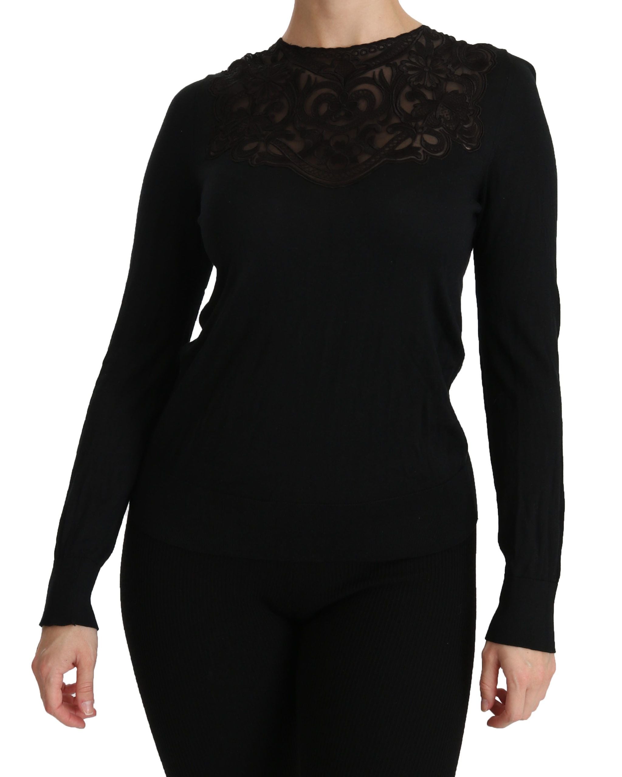 Blouse en soie noire Dolce & Gabbana à manches longues avec dentelle, col rond élégante et détails raffinés.