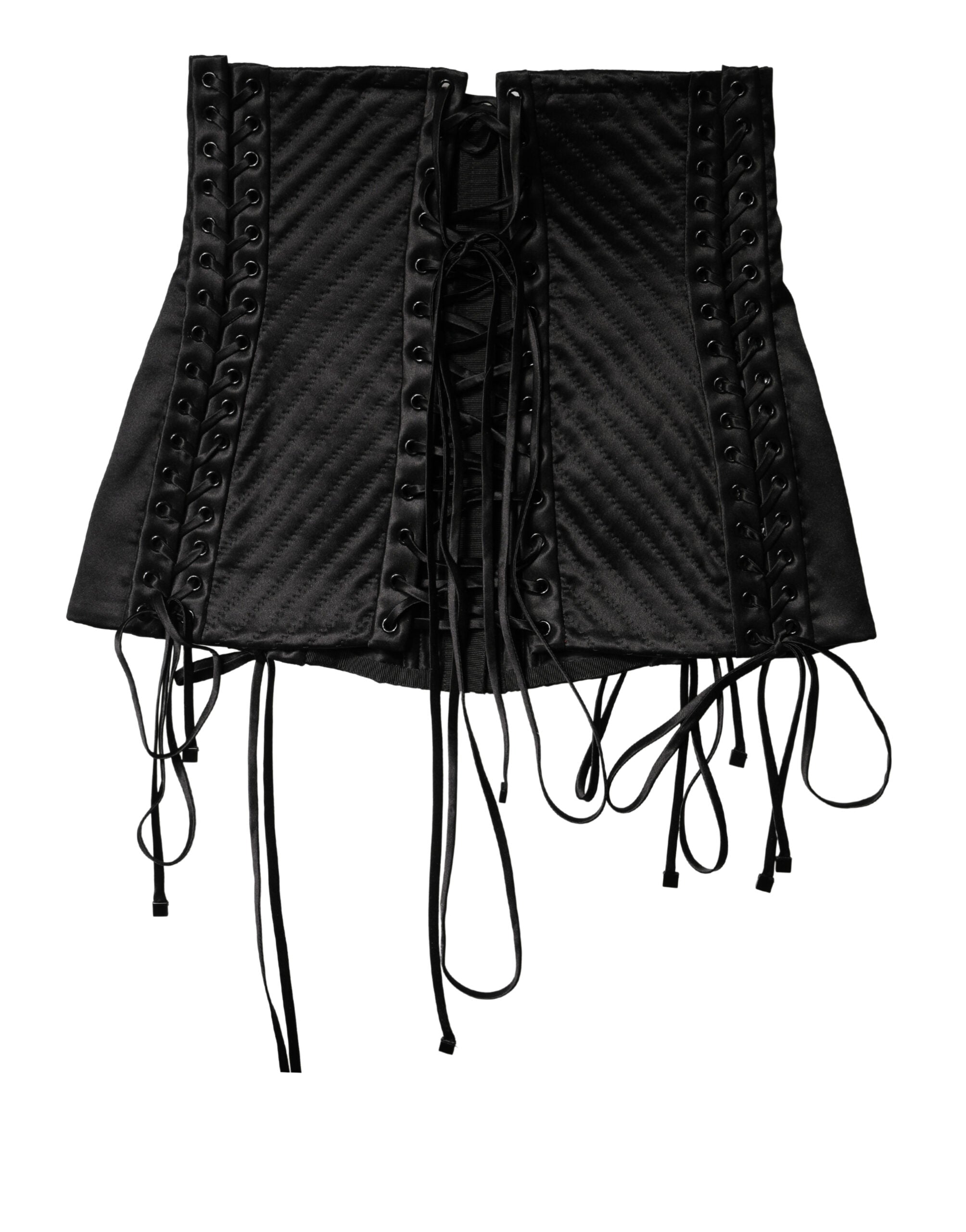 Corset noir en soie Dolce & Gabbana avec laçage à la taille, détail élégant et sophistiqué visible sur l'image.